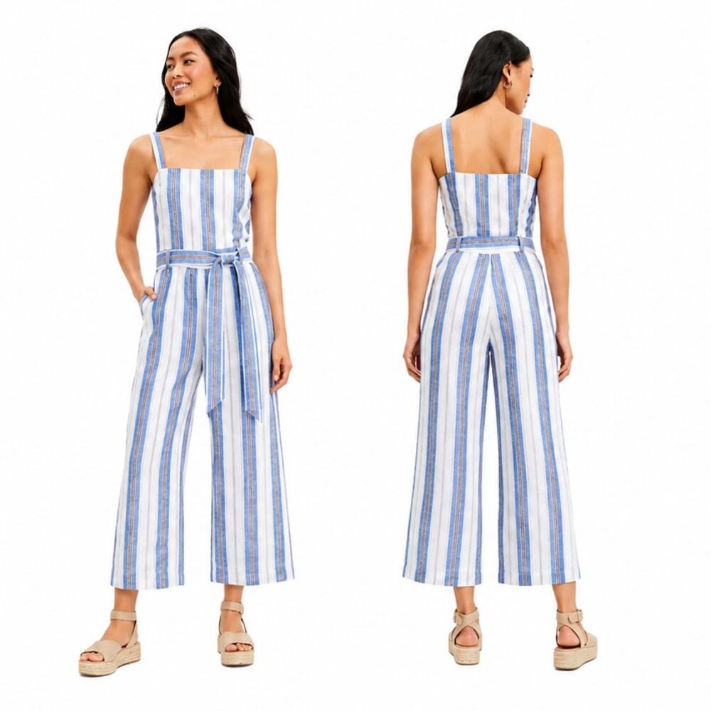 LOFT Striped Linen Blend Belted Wide Leg Jumpsuit NWT Size 10 Resort Nautical